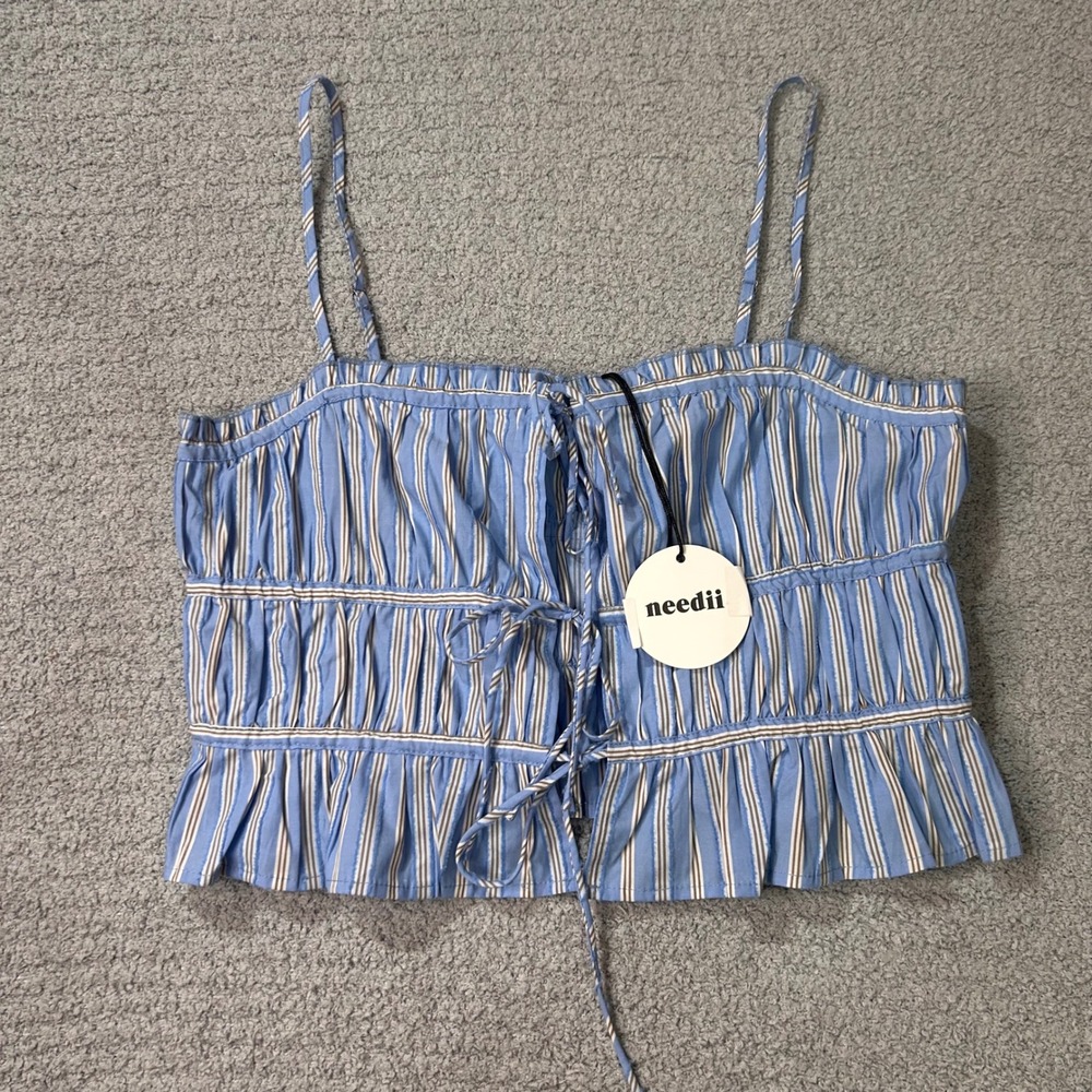 needii Top Lynnette Stripe Large Blue‎ Coquette Coastal Smocked Ruffle Tie Front